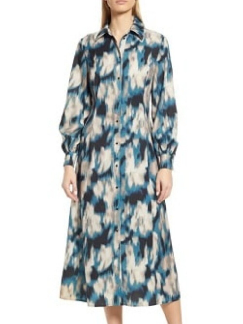 Ming Wang Blue, Black and Cream Button-Front Long Sleeve Dress
